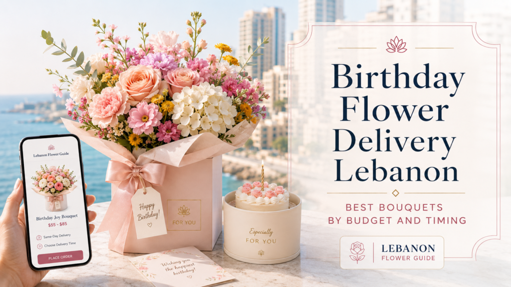 birthday flower delivery Lebanon bouquet with colorful flowers and card