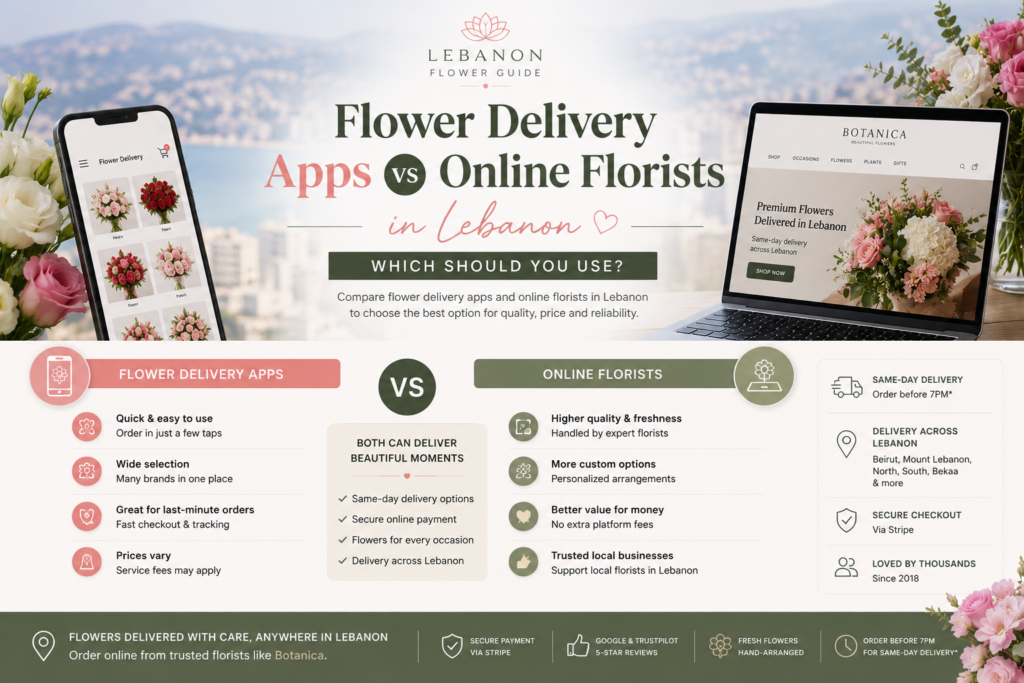 flower delivery apps Lebanon comparison with bouquet and phone